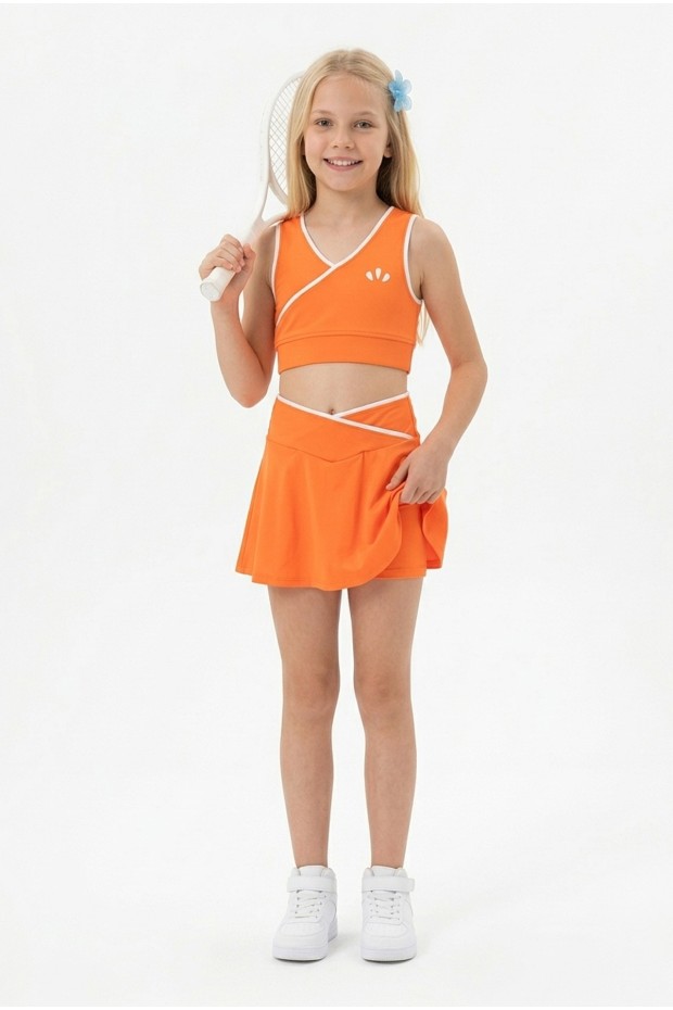 Kız Çocuk Polyester + Elastan V Yaka Kruvaze Spor Crop Pileli Şort Etek Sporcu Takım