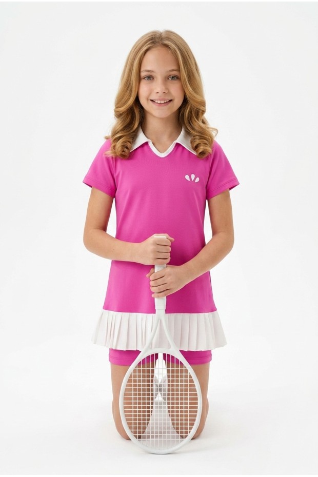 Kız Çocuk Polyester + Elastan Polo Yaka Etek Ucu Pileli Şortlu Sporcu Takım