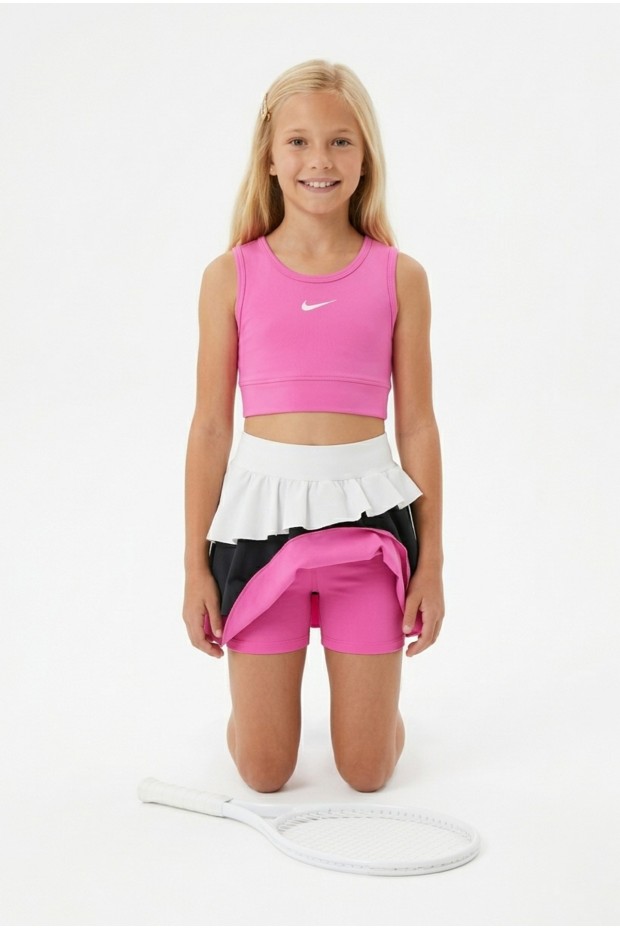 Kız Çocuk Polyester + Elastan Spor Crop Atlet ve Renkli Fırfırlı Kat Kat Şort Etek Sporcu Takım 