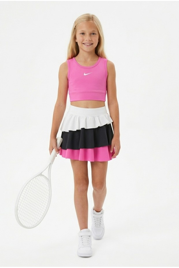 Kız Çocuk Polyester + Elastan Spor Crop Atlet ve Renkli Fırfırlı Kat Kat Şort Etek Sporcu Takım 