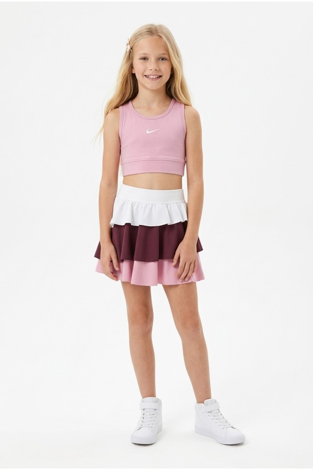 Kız Çocuk Polyester + Elastan Spor Crop Atlet ve Renkli Fırfırlı Kat Kat Şort Etek Sporcu Takım