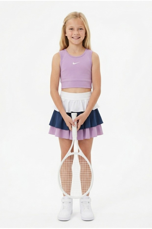 Kız Çocuk Polyester + Elastan Spor Crop Atlet ve Renkli Fırfırlı Kat Kat Şort Etek Sporcu Takım