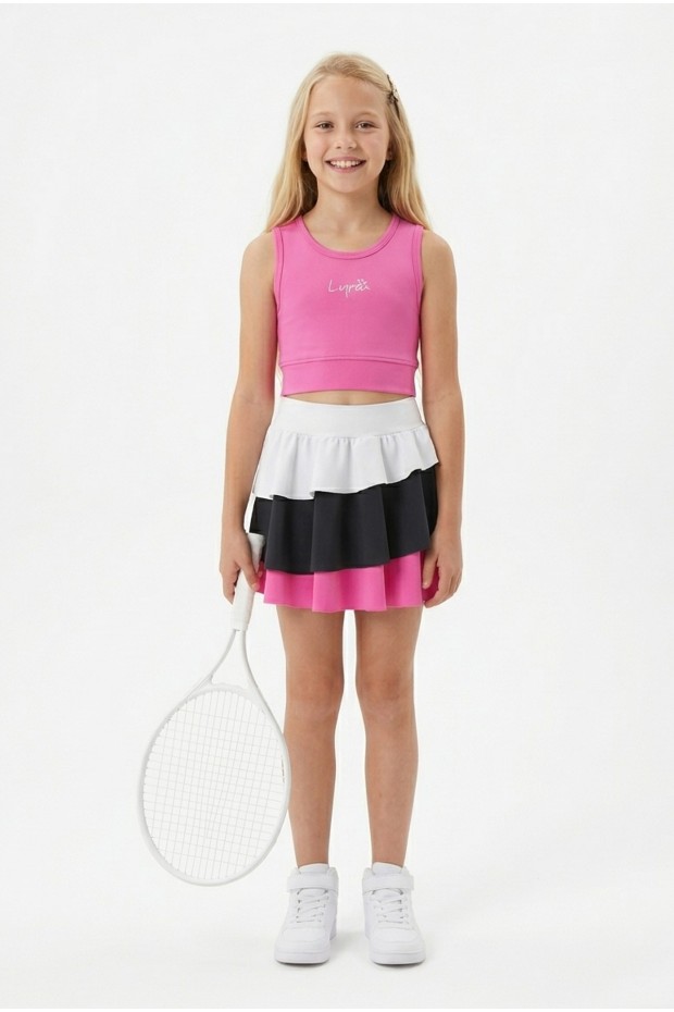 Kız Çocuk Polyester + Elastan Spor Crop Atlet ve Renkli Fırfırlı Kat Kat Şort Etek Sporcu Takım