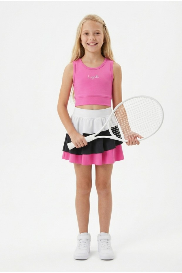 Kız Çocuk Polyester + Elastan Spor Crop Atlet ve Renkli Fırfırlı Kat Kat Şort Etek Sporcu Takım