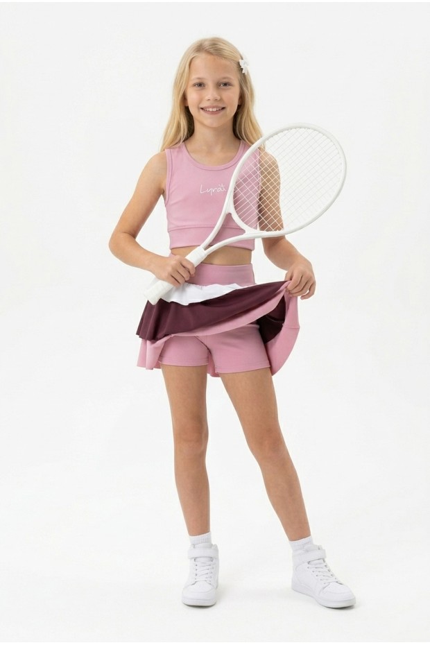 Kız Çocuk Polyester + Elastan Spor Crop Atlet ve Renkli Fırfırlı Kat Kat Şort Etek Sporcu Takım