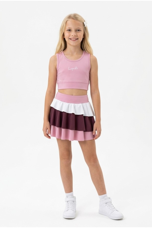 Kız Çocuk Polyester + Elastan Spor Crop Atlet ve Renkli Fırfırlı Kat Kat Şort Etek Sporcu Takım