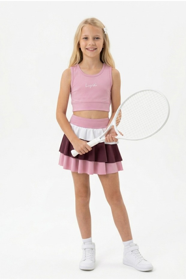 Kız Çocuk Polyester + Elastan Spor Crop Atlet ve Renkli Fırfırlı Kat Kat Şort Etek Sporcu Takım