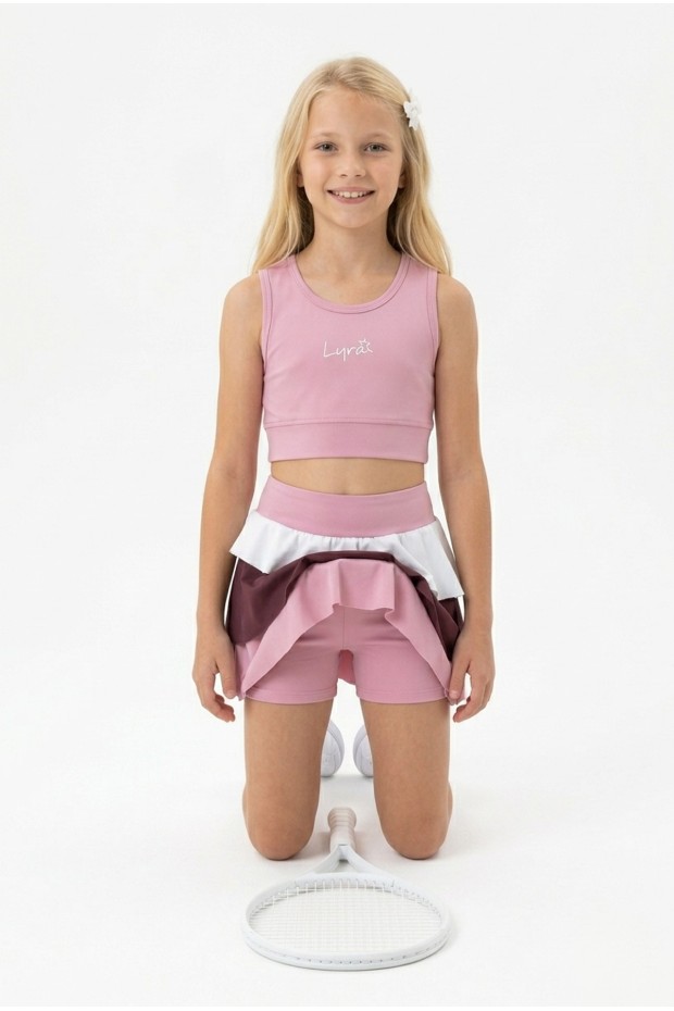 Kız Çocuk Polyester + Elastan Spor Crop Atlet ve Renkli Fırfırlı Kat Kat Şort Etek Sporcu Takım