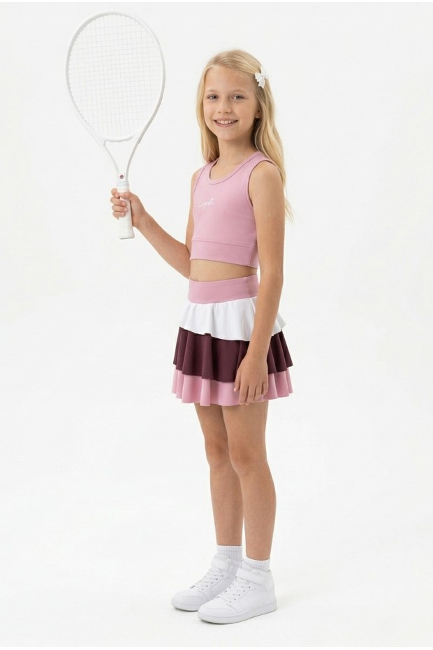 Kız Çocuk Polyester + Elastan Spor Crop Atlet ve Renkli Fırfırlı Kat Kat Şort Etek Sporcu Takım