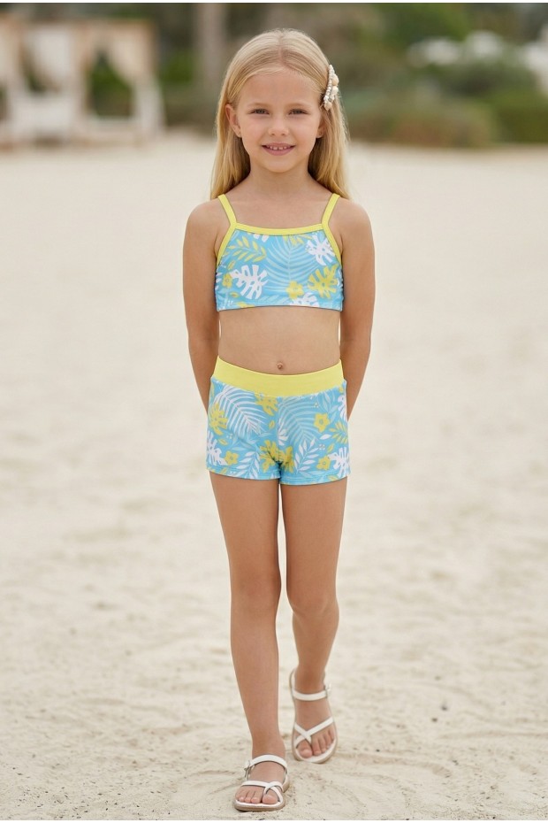 Kız Çocuk Polyester + Elastan Tropikal Yaprak Desenli Büstiyer ve Şort İkili Mayo