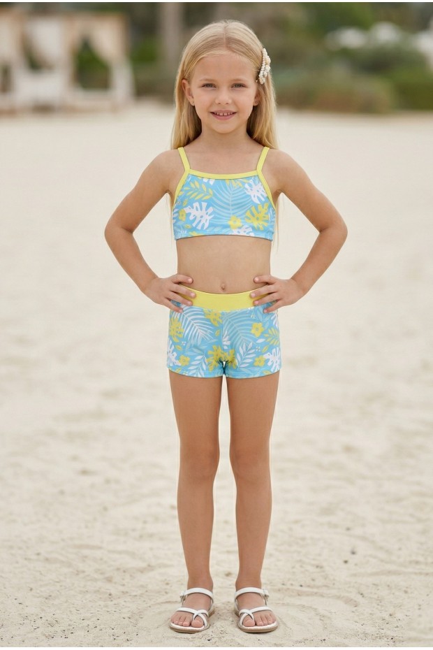 Kız Çocuk Polyester + Elastan Tropikal Yaprak Desenli Büstiyer ve Şort İkili Mayo