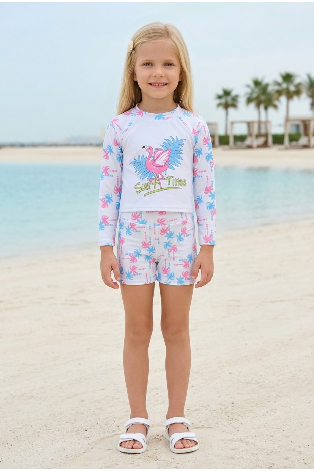 Kız Çocuk Polyester + Elastan Flamingo Baskılı Uzun Kollu Şortlu Şık Tasarım İkili Mayo