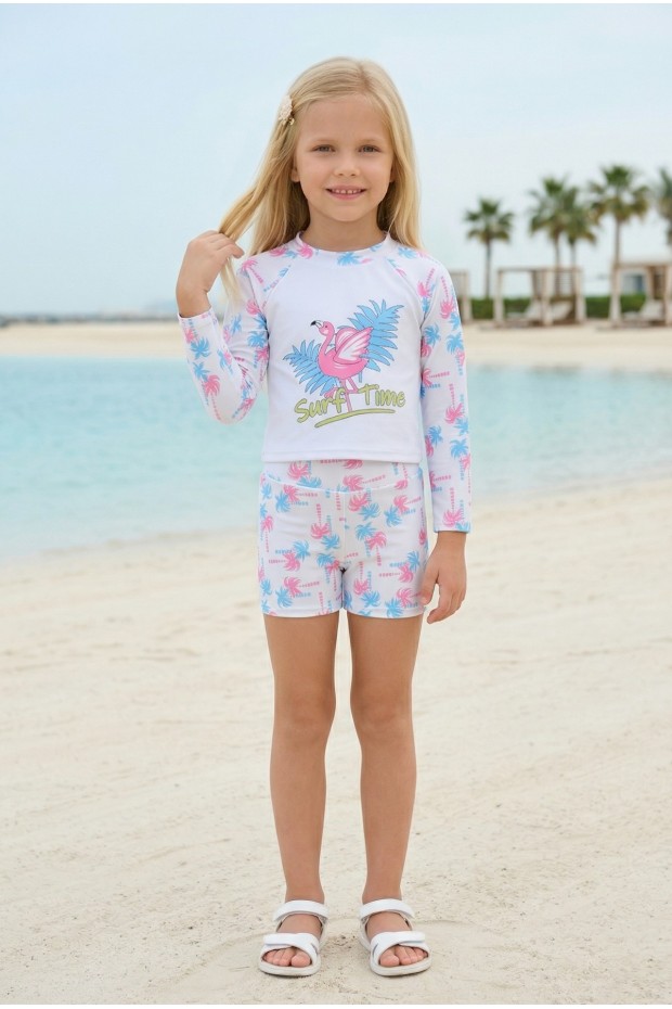 Kız Çocuk Polyester + Elastan Flamingo Baskılı Uzun Kollu Şortlu Şık Tasarım İkili Mayo