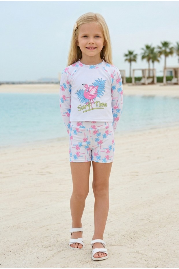 Kız Çocuk Polyester + Elastan Flamingo Baskılı Uzun Kollu Şortlu Şık Tasarım İkili Mayo
