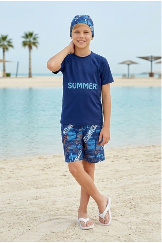 Erkek Çocuk Polyester + Elastan Summer Yazılı Tişört ve Desenli Şortlu Boneli Üçlü Mayo 
