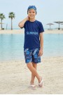 Erkek Çocuk Polyester + Elastan Summer Yazılı Tişört ve Desenli Şortlu Boneli Üçlü Mayo 