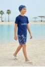 Erkek Çocuk Polyester + Elastan Summer Yazılı Tişört ve Desenli Şortlu Boneli Üçlü Mayo 