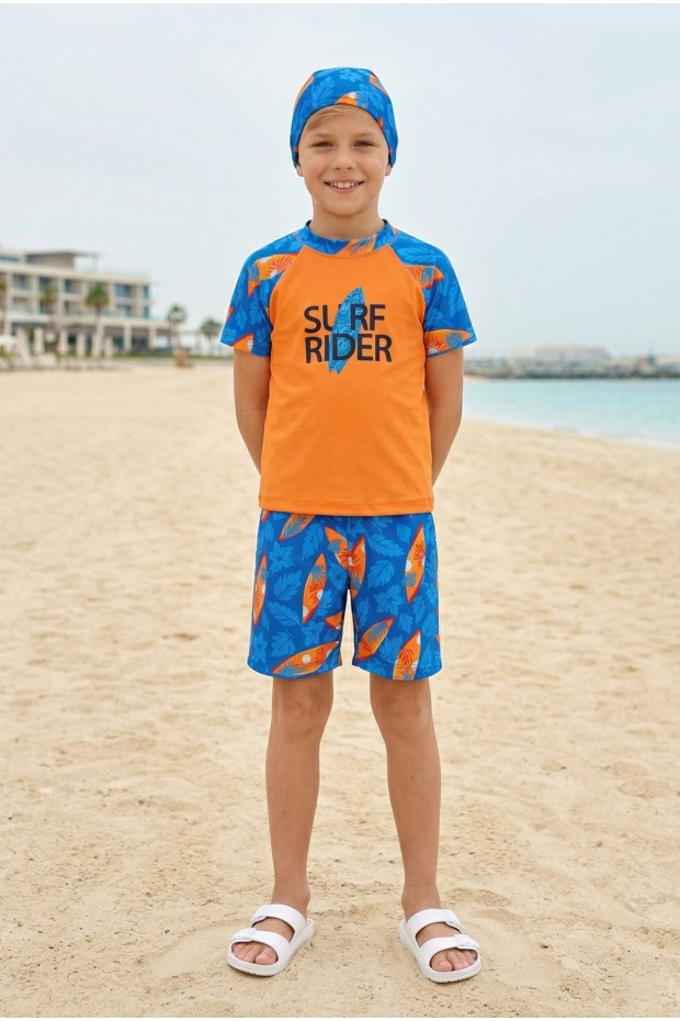 Erkek Çocuk Polyester + Elastan Baskılı Kısa Kollu Şort ve Bone Üçlü Mayo