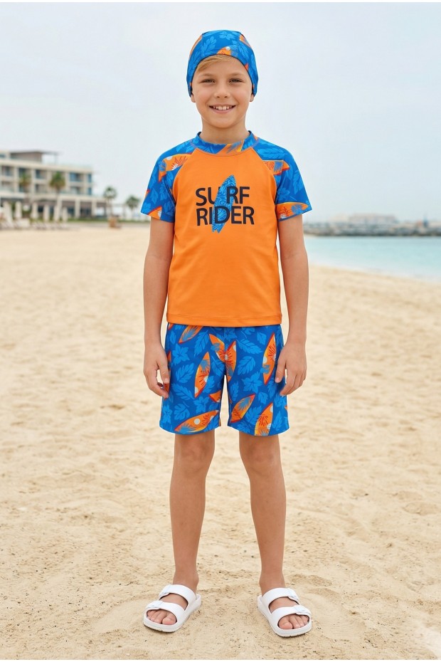 Erkek Çocuk Polyester + Elastan Baskılı Kısa Kollu Şort ve Bone Üçlü Mayo