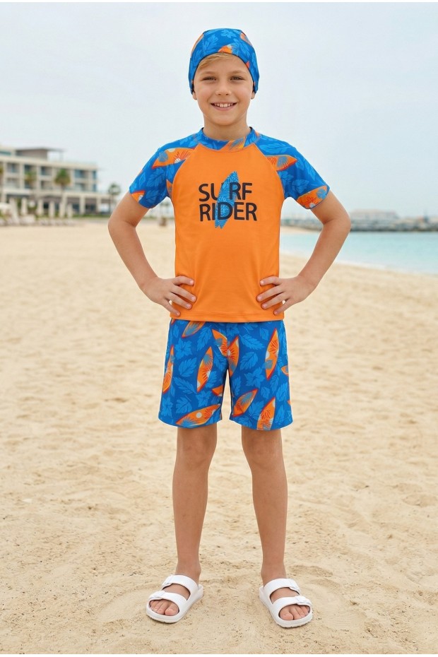 Erkek Çocuk Polyester + Elastan Baskılı Kısa Kollu Şort ve Bone Üçlü Mayo