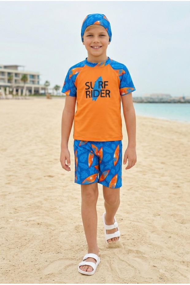 Erkek Çocuk Polyester + Elastan Baskılı Kısa Kollu Şort ve Bone Üçlü Mayo