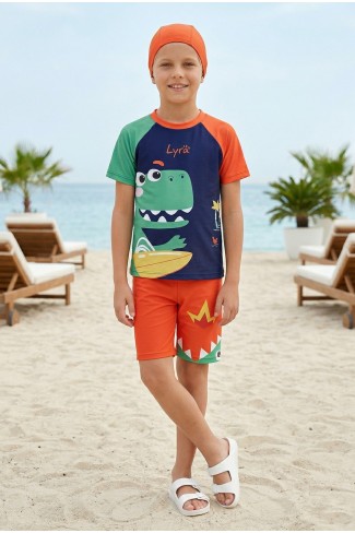 Erkek Çocuk Polyester + Elastan Dinozor Baskılı Kısa Kollu Şort ve Bone Üçlü Mayo