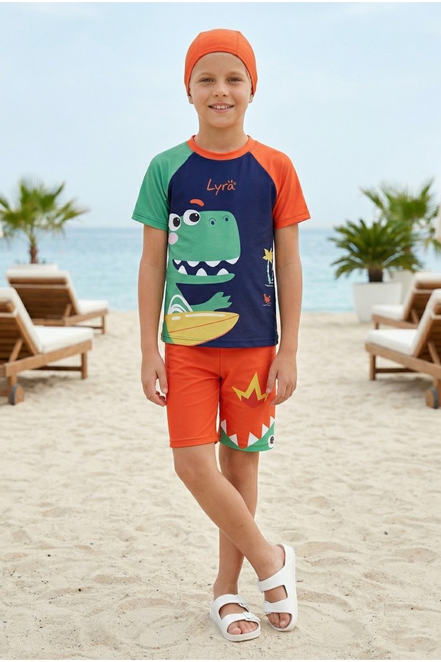 Erkek Çocuk Polyester + Elastan Dinozor Baskılı Kısa Kollu Şort ve Bone Üçlü Mayo