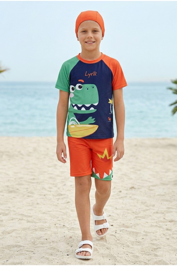 Erkek Çocuk Polyester + Elastan Dinozor Baskılı Kısa Kollu Şort ve Bone Üçlü Mayo