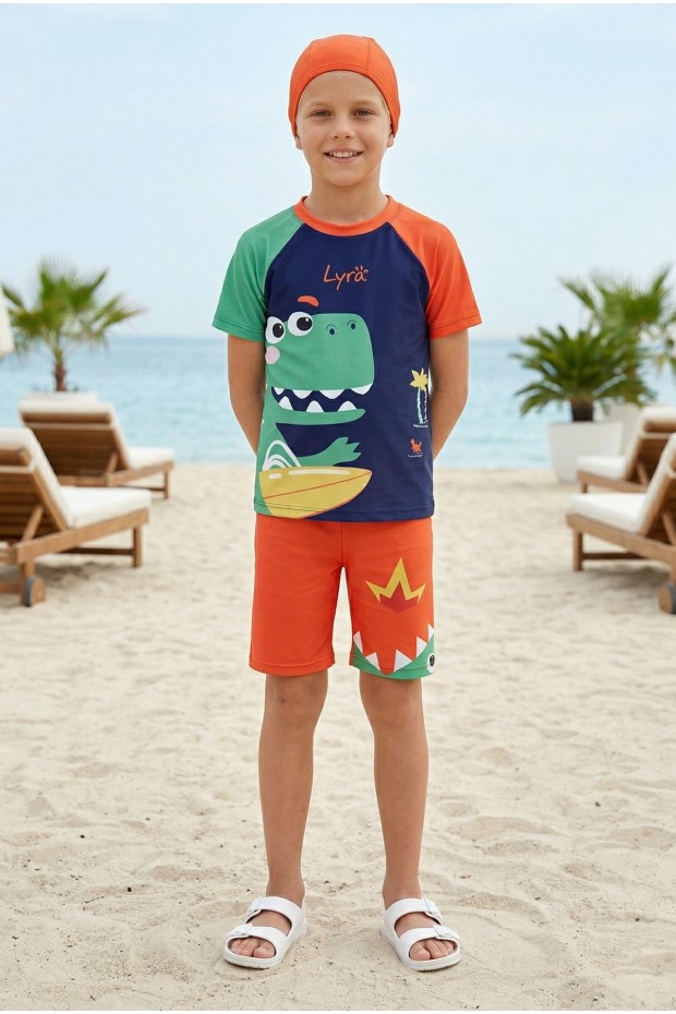 Erkek Çocuk Polyester + Elastan Dinozor Baskılı Kısa Kollu Şort ve Bone Üçlü Mayo