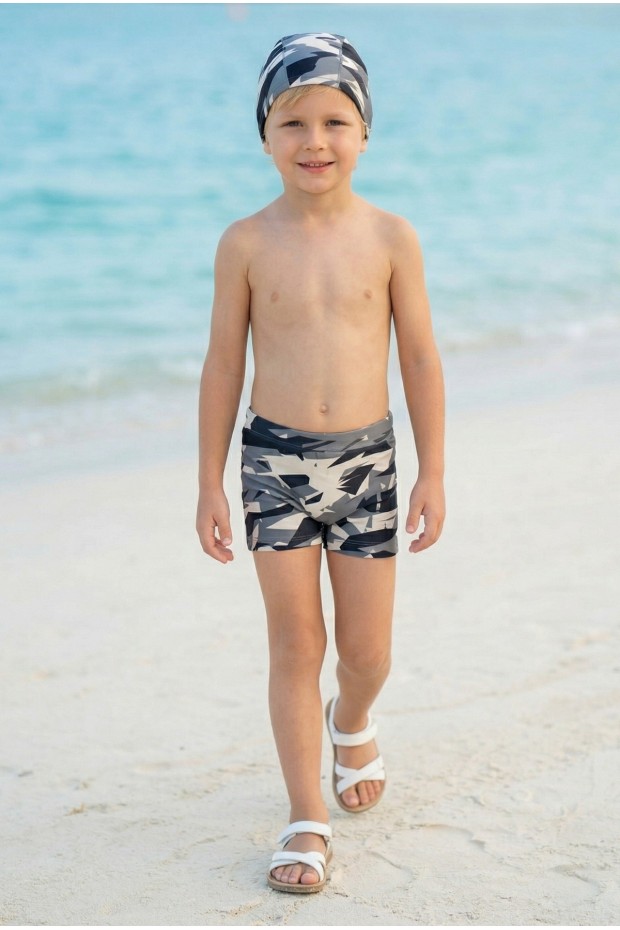 Erkek Çocuk Polyester + Elastan Kamuflaj Desenli Şort ve Bone İkili Mayo