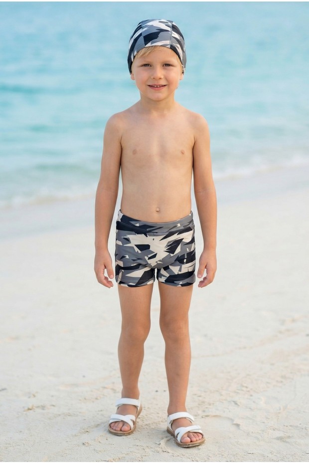 Erkek Çocuk Polyester + Elastan Kamuflaj Desenli Şort ve Bone İkili Mayo
