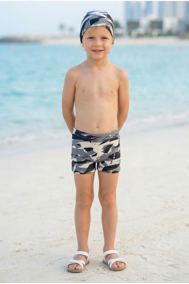 Erkek Çocuk Polyester + Elastan Kamuflaj Desenli Şort ve Bone İkili Mayo