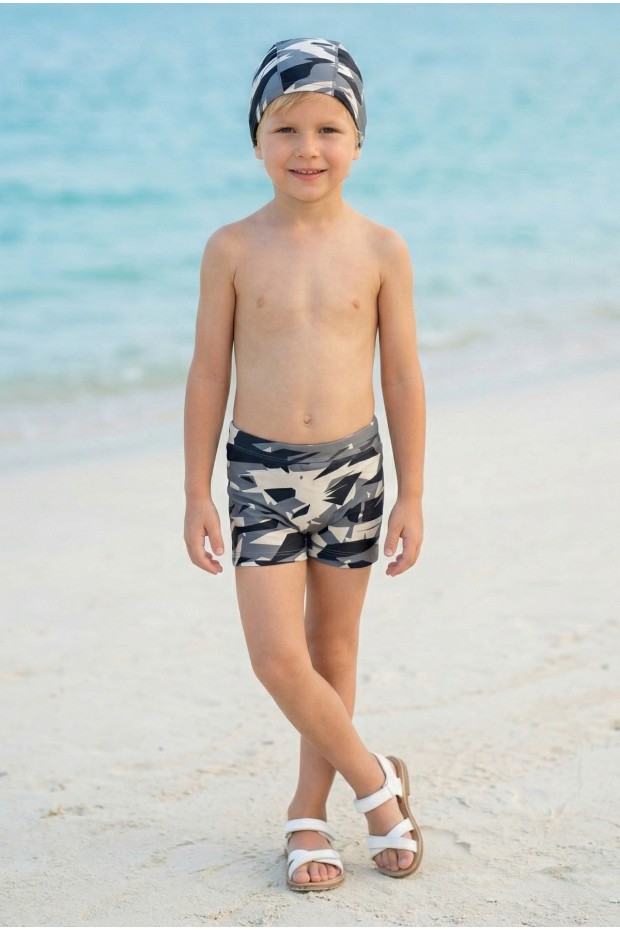 Erkek Çocuk Polyester + Elastan Kamuflaj Desenli Şort ve Bone İkili Mayo