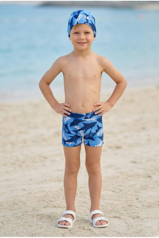 Erkek Çocuk Polyester + Elastan Baskılı Köpekbalığı Desenli Şort ve Bone İkili Mayo