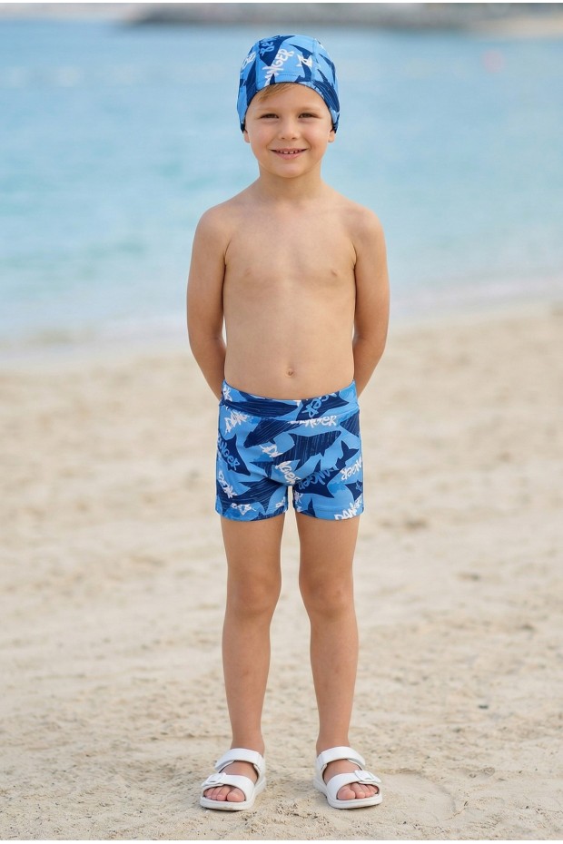 Erkek Çocuk Polyester + Elastan Baskılı Köpekbalığı Desenli Şort ve Bone İkili Mayo