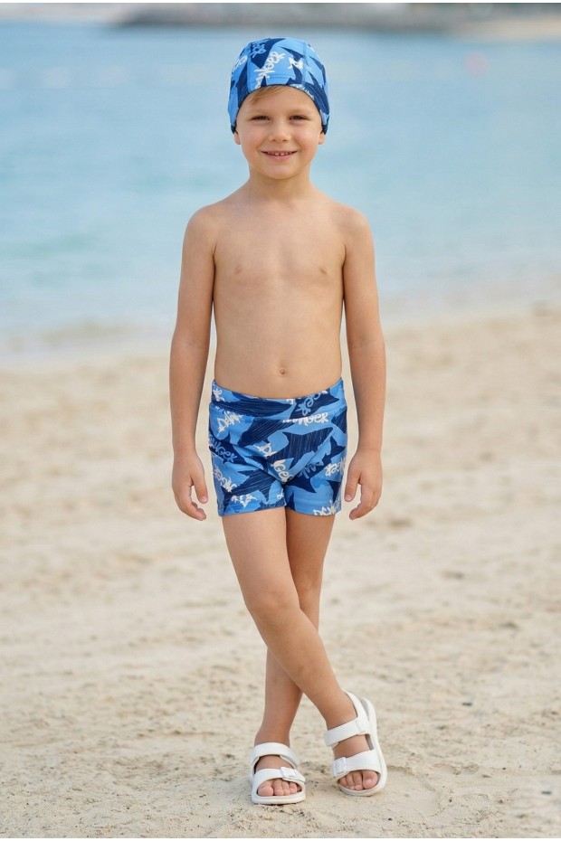 Erkek Çocuk Polyester + Elastan Baskılı Köpekbalığı Desenli Şort ve Bone İkili Mayo