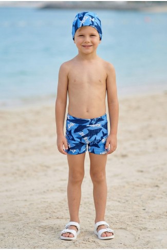 Erkek Çocuk Polyester + Elastan Baskılı Köpekbalığı Desenli Şort ve Bone İkili Mayo