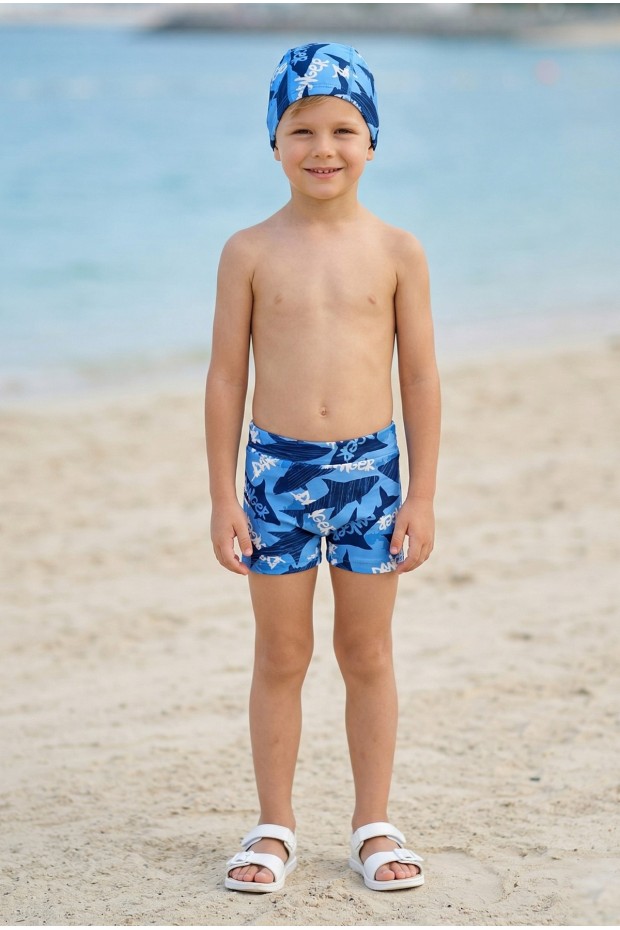 Erkek Çocuk Polyester + Elastan Baskılı Köpekbalığı Desenli Şort ve Bone İkili Mayo