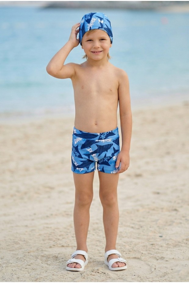 Erkek Çocuk Polyester + Elastan Baskılı Köpekbalığı Desenli Şort ve Bone İkili Mayo