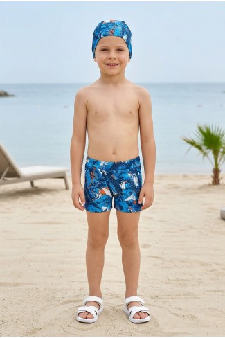 Erkek Çocuk Polyester + Elastan Geometrik Desenli Şort ve Bone İkili Mayo 