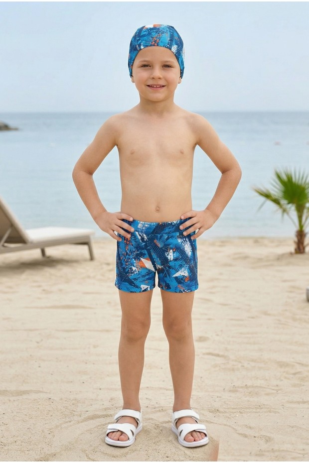 Erkek Çocuk Polyester + Elastan Geometrik Desenli Şort ve Bone İkili Mayo 