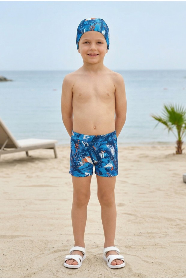 Erkek Çocuk Polyester + Elastan Geometrik Desenli Şort ve Bone İkili Mayo 