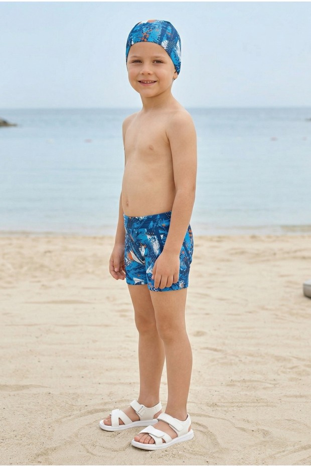 Erkek Çocuk Polyester + Elastan Geometrik Desenli Şort ve Bone İkili Mayo 