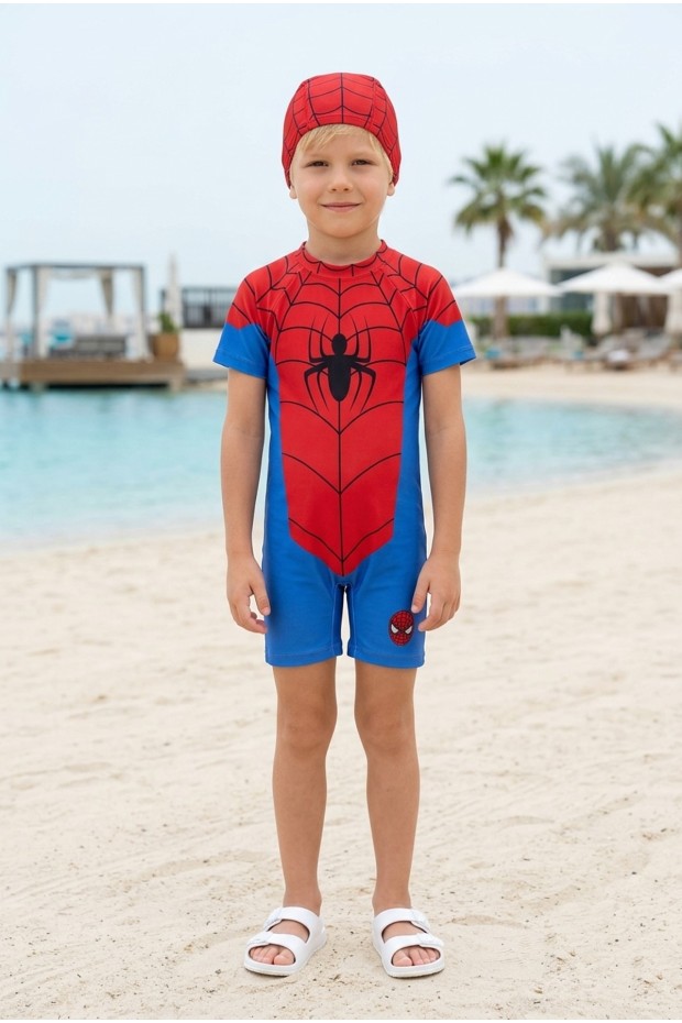 Erkek Çocuk Polyester + Elastan Örümcek Adam Baskılı Arkası Fermuarlı Tulum Boneli Mayo