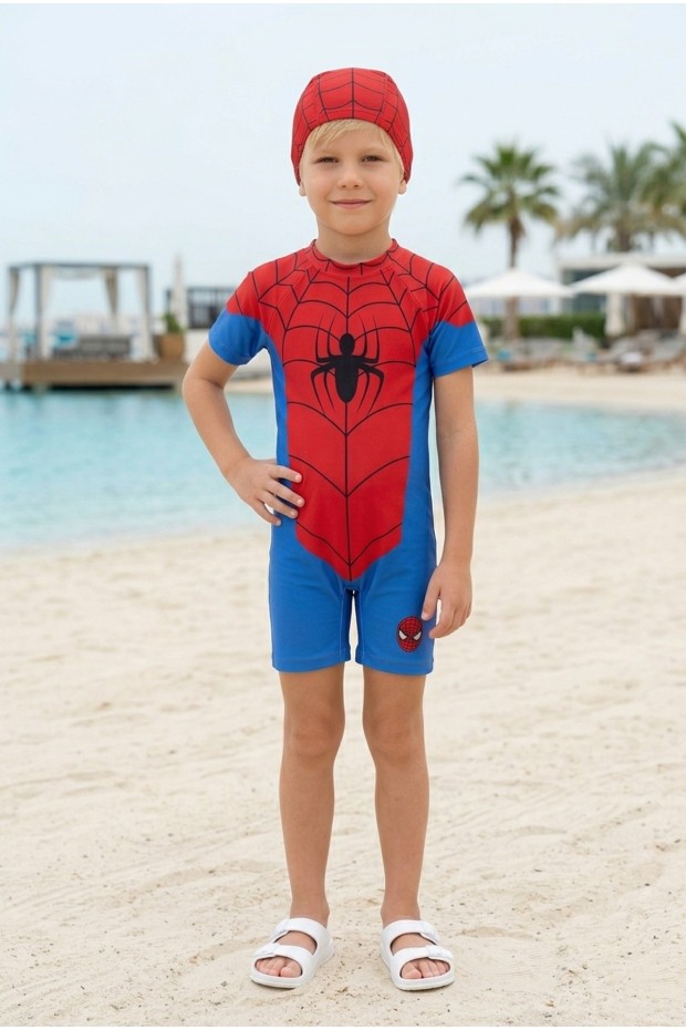 Erkek Çocuk Polyester + Elastan Örümcek Adam Baskılı Arkası Fermuarlı Tulum Boneli Mayo