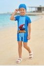 Erkek Çocuk Polyester + Elastan Örümcek Adam Baskılı Arkası Fermuarlı Tulum Boneli Mayo