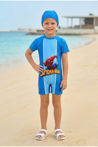 Erkek Çocuk Polyester + Elastan Örümcek Adam Baskılı Arkası Fermuarlı Tulum Boneli Mayo