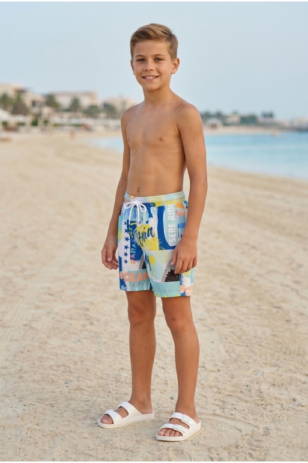 Erkek Çocuk Polyester + Elastan Baskılı Lastikli Bel Cepli Deniz Şortu Mayo