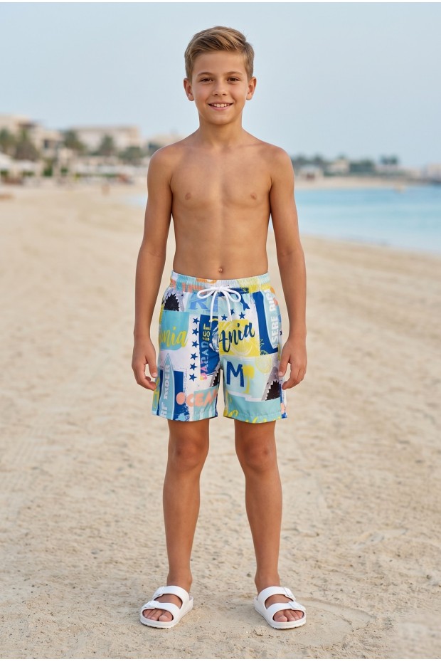 Erkek Çocuk Polyester + Elastan Baskılı Lastikli Bel Cepli Deniz Şortu Mayo