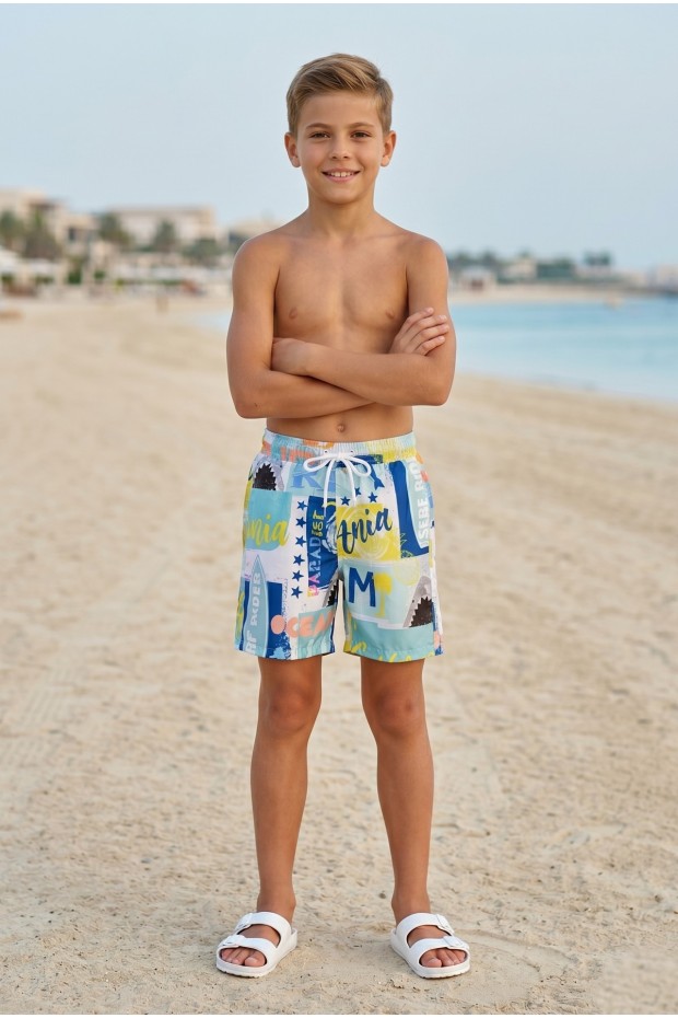 Erkek Çocuk Polyester + Elastan Baskılı Lastikli Bel Cepli Deniz Şortu Mayo